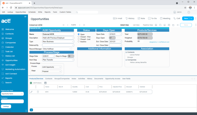 Financial CRM Tracks Account Opportunities