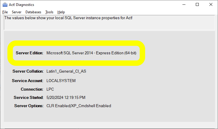 Act! Diagnostics screen displaying details about the SQL Server instance for Act!. It highlights that the Server Edition is Microsoft SQL Server 2014 - Express Edition (64-bit), alongside other information such as the server collation, service account, and the date the service was started.